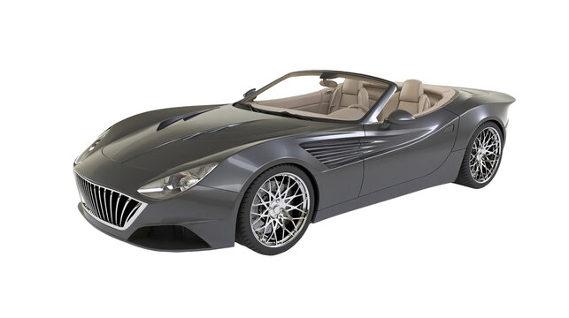 Gray convertible sports car with tan interior and chrome wheels