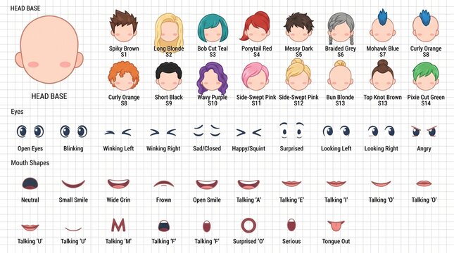 Customizable Character Creator Kit with Diverse Hair Styles Facial Expressions and Mouth Shapes for Digital Avatar Design