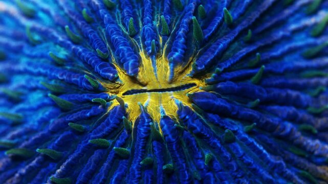 Mushroom coral macro view showing vibrant blue ridges and neon yellow mouth pulsing in saltwater aquarium.