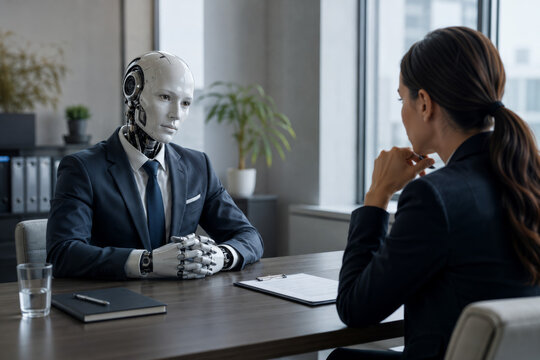 Humanoid Robot During Job Interview in Modern Office