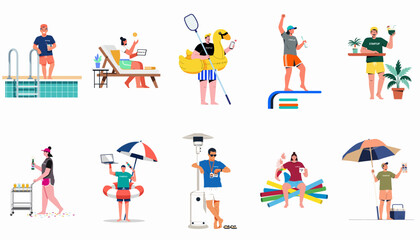 Fototapeta premium A Highly Detailed Set of Vector Illustrations Featuring People Enjoying Summer Pool Activities, Working Remotely, Lounging on Sunbeds, and Drinking Cocktails at a Tropical Beach Resort Destination