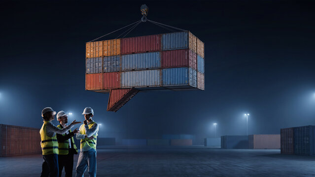 Three logistics workers discuss operations beneath container speech bubble at night. Concept of freight coordination, industrial teamwork, supply chain resilience.