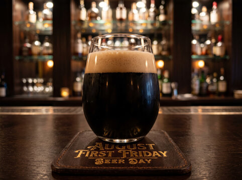 Dark Glass of Stout Beer on Wooden Coaster in Bar Setting