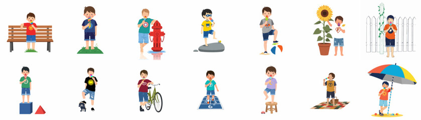 Vector Bundle of Cartoon Boys in Various Activities and Settings, Including Outdoor Scenes, Hobbies, and Daily Life Illustrations for Children's Educational and Creative Projects