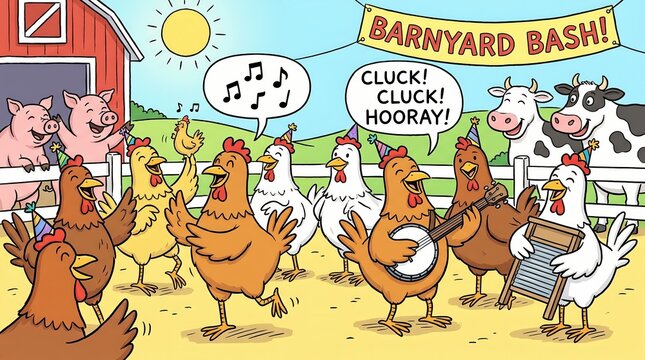 Barnyard Bash with Clucking Chickens in Cartoon Style