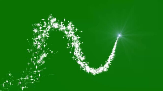 Glowing twinkle stars line animation, white glitter sparkle particles, magic doodle star trail, seamless green screen transition effect for 4k video