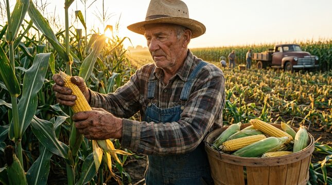 Farmer Harvests Corn in Sunset Field
