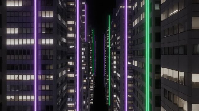 紫と緑のネオンが縦に走る未来都市の高層ビルが立ち並ぶ夜の建築