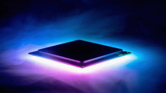 桃色に発光する半導体チップの脚状の配線が伸びながら流れるシームレスループ