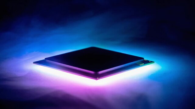 水色に発光する半導体チップから同心円の波紋が輪となって拡散するシームレスループ