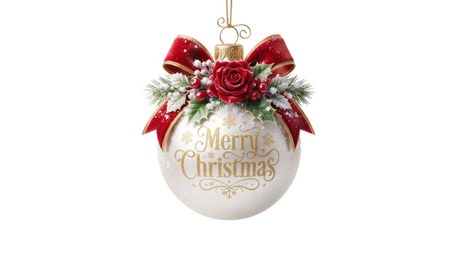 White christmas bauble ornament with merry christmas text red rose bow holly berries leaves isolated on white background