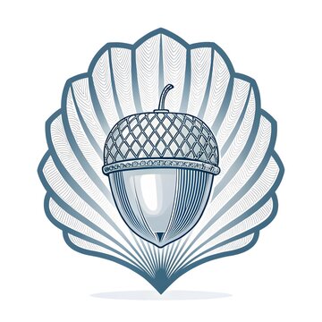 Vintage style acorn illustration inside an ornate fan shape frame design with illustration engraving ornament