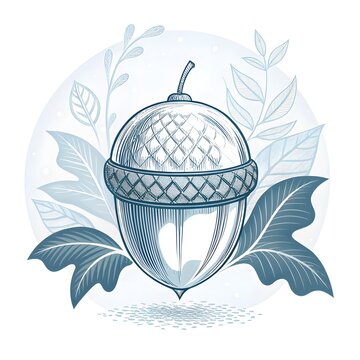 Detailed hand-drawn acorn nut surrounded by stylized leaves and foliage with botanical illustration engraving