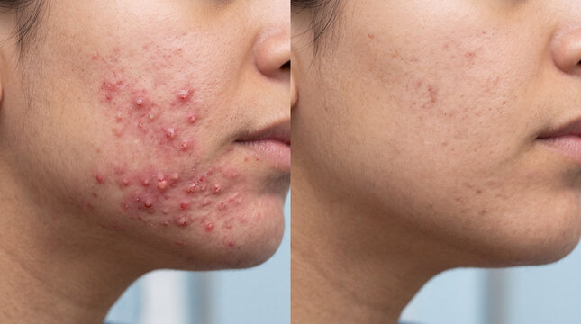 Acne treatment before and after comparison showing skin recovery and clearance on woman jawline