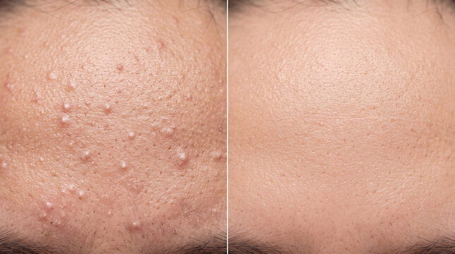 Forehead skin comparison before and after acne treatment showing breakout acne pimples and smooth clear skin texture