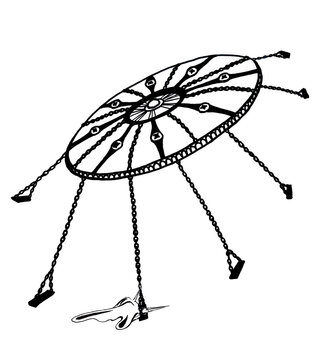 Graphic cartoon illustration of riding on a large chain carousel
