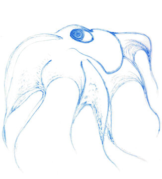Graphic cartoon illustration of an octopus with large eyes