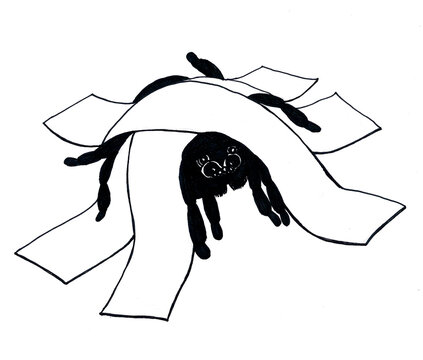 Graphical illustration of a black spider taped to the floor with strips of tape