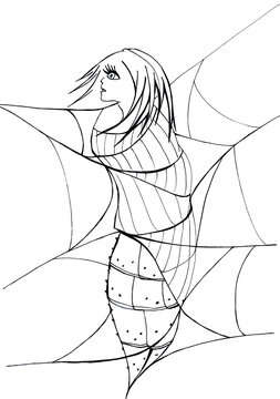 Graphic illustration of a terrifield girl in a butterfly cocoon taped in a spiderwed