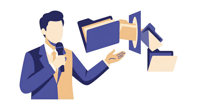 An illustration of a man presenting information with a microphone, gesturing towards digital folders transferring through a screen, symbolizing data sharing and communication.