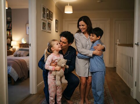 Happy Young Family Wearing Pajamas Sharing Affectionate Moments Together at Home During a Cozy Evening Routine in the Hallway