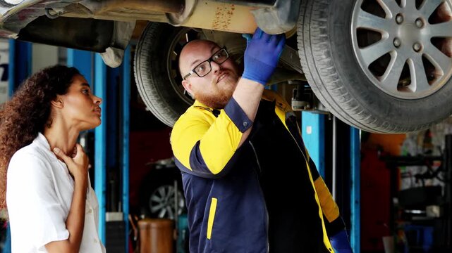 Professional mechanic inspecting vehicle undercarriage while concerned woman observes car repair garage expert technical automotive maintenance work