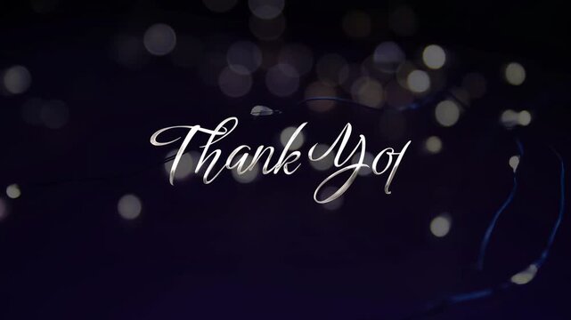 Elegant Thank You text animation in white cursive script on a dark purple background with soft bokeh lights and sparkling particles for gratitude and celebration