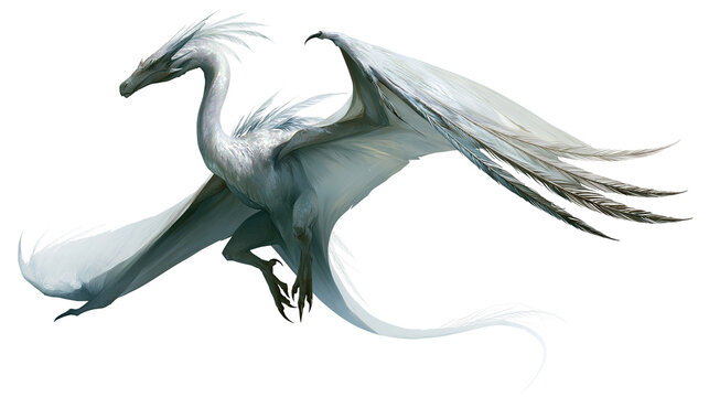 White feathered dragon with large wings in flight