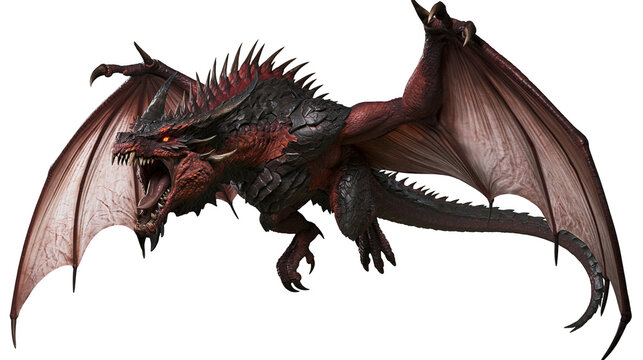Fierce red and black dragon with large wings and sharp claws