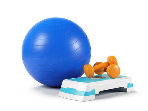Fitness ball, dumbbells weights and fitness step board -Fitness, gym concept