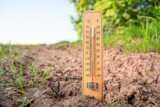 Heatwave in summer, dry soil, thermometer on sunny hot day, weather forecast in summertime, measure the temperature