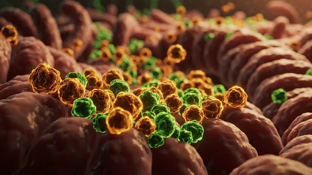 Microscopic view of virus particles spreading on human cell tissue. Medical animation showing cellular infection process and pathogen interaction with organic body.