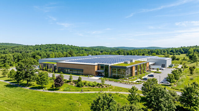 Modern eco-friendly green manufacturing factory exterior with clear sky copy space