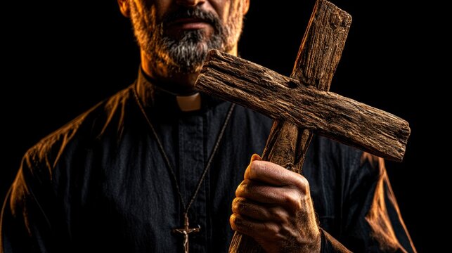 Catholic priest holding rustic wooden cross in cinematic low-key lighting for religious church marketing