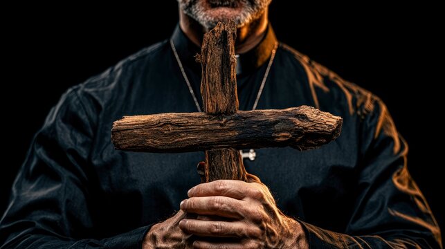 Wooden cross held by priest in dramatic low-key lighting with sharp focus for religious media marketing