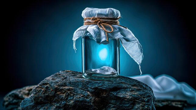 Glowing glass jar resting on a dark rock with cinematic blue lighting in macro focus for fantasy storytelling marketing