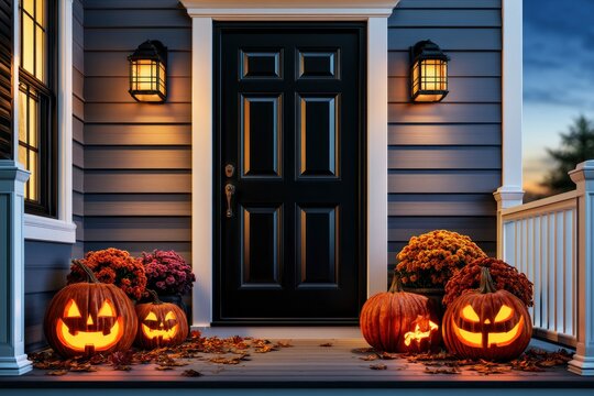 Halloween jack-o-lanterns glowing on a decorated porch in front of a black house door at dusk with cinematic lighting for real estate marketing