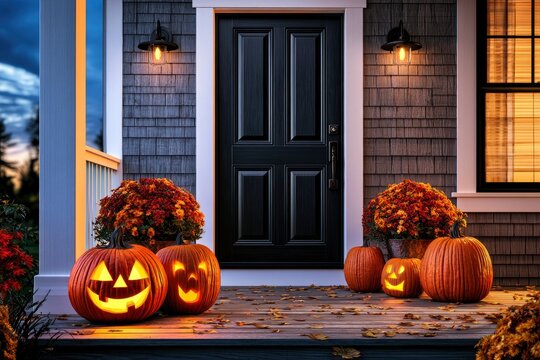 Glowing jack-o-lanterns decorating a residential house porch with autumn flowers at twilight for seasonal real estate marketing