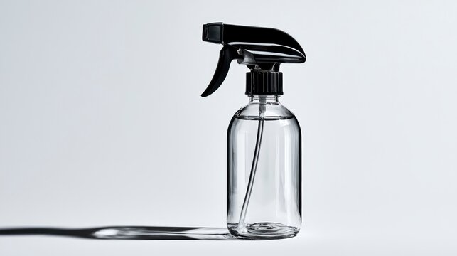 Glass spray bottle standing on white studio surface with long shadow and sharp focus for housekeeping and cleaning product marketing