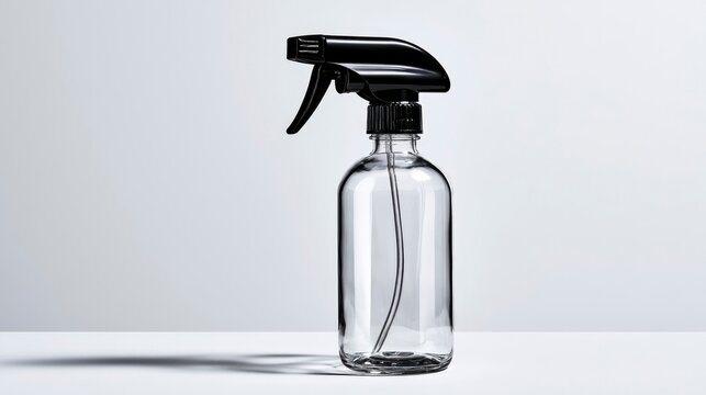 Glass spray bottle empty with black trigger nozzle on white background in minimalist studio shot for cleaning product marketing