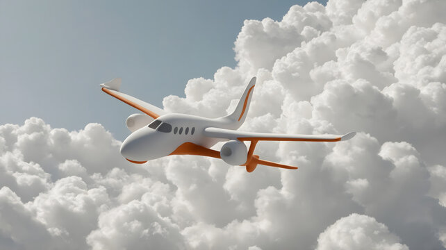 Conceptual 3D illustration of a white passenger airplane flying through fluffy clouds