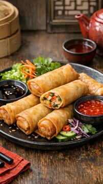 Delicious fried spring rolls with dipping sauce and garnish on a wooden table in an Asian setting.