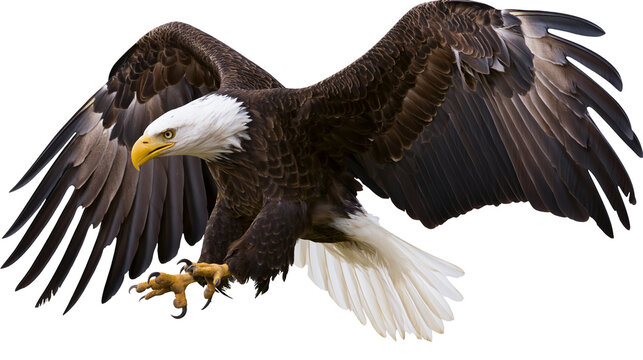 Bald eagle with wings spread wide, talons extended