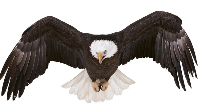 Bald eagle with wings spread wide front view, white head and tail