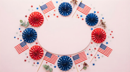 Obraz premium Festive fourth of july background featuring red white and blue paper fans and small american flags arranged in a circular frame on a pink surface