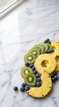 September 7 featuring elegant tropical fruit slices arranged into an artistic abstract composition using kiwi, pineapple and blueberries over a clean marble surface Ultra Premium Background