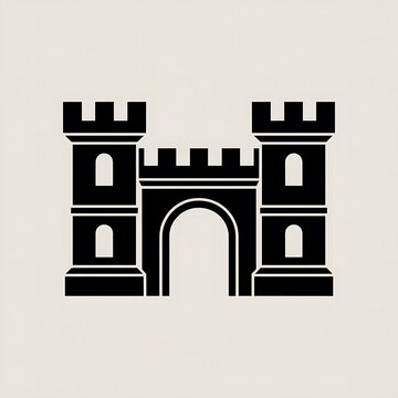 Black castle icon with two towers and an entrance arch
