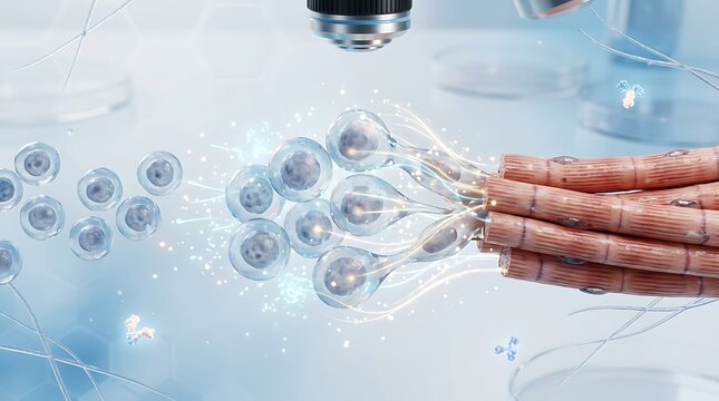 Microscopic view of stem cell differentiation and muscle tissue growth