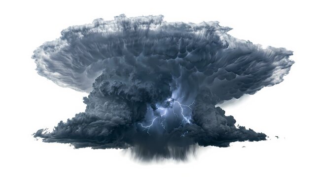 Massive supercell storm cloud with intense lightning strikes isolated against a pure white background