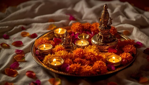 Beautifully decorated Pooja Thali for diwali worship celebration, having Indian sweets, lamp, flower. ai generative